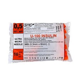 Шприц однораз 0.5мл инсулин 100ЕД 3-х комп игла G30 (0.3х8мм) №10 (игла интегрир) SFM