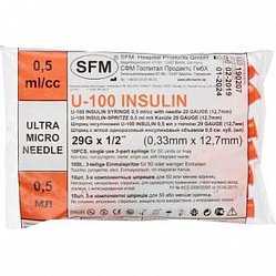 Шприц однораз 0.5мл инсулин 100ЕД 3-х комп игла G29 (0.33х12.7мм) №10 (игла интегрир) SFM