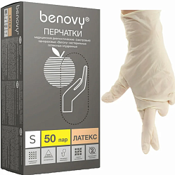 Перчатки смотр н/стерил латекс Benovy цвет натуральный неопудр текстур на пальцах S №50
