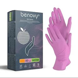 Перчатки смотр н/стерил нитрил Benovy цвет розовый неопудр текстур на пальцах L №50