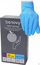 Перчатки смотр н/стерил нитрил Benovy голубые неопудр текстур на пальцах XL №50